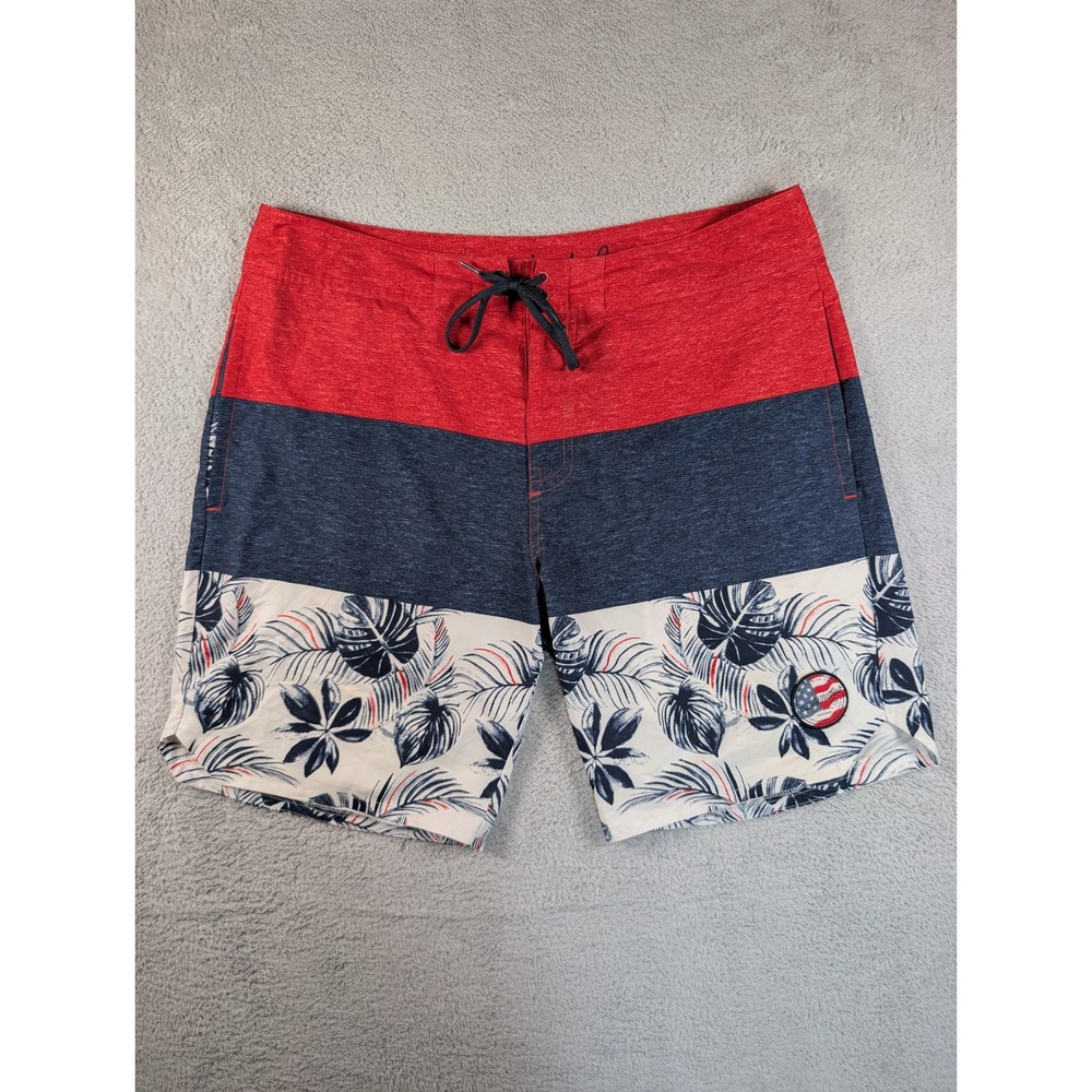 Travis Mathew Mens Board Shorts Red Blue White Floral USA Patch 77382-00 Size 36